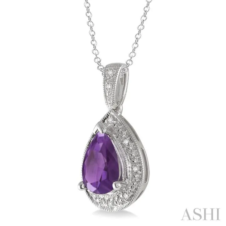 10x7 MM Pear Shape Amethyst and 1/20 Ctw Single Cut Diamond Pendant in Sterling Silver with chain