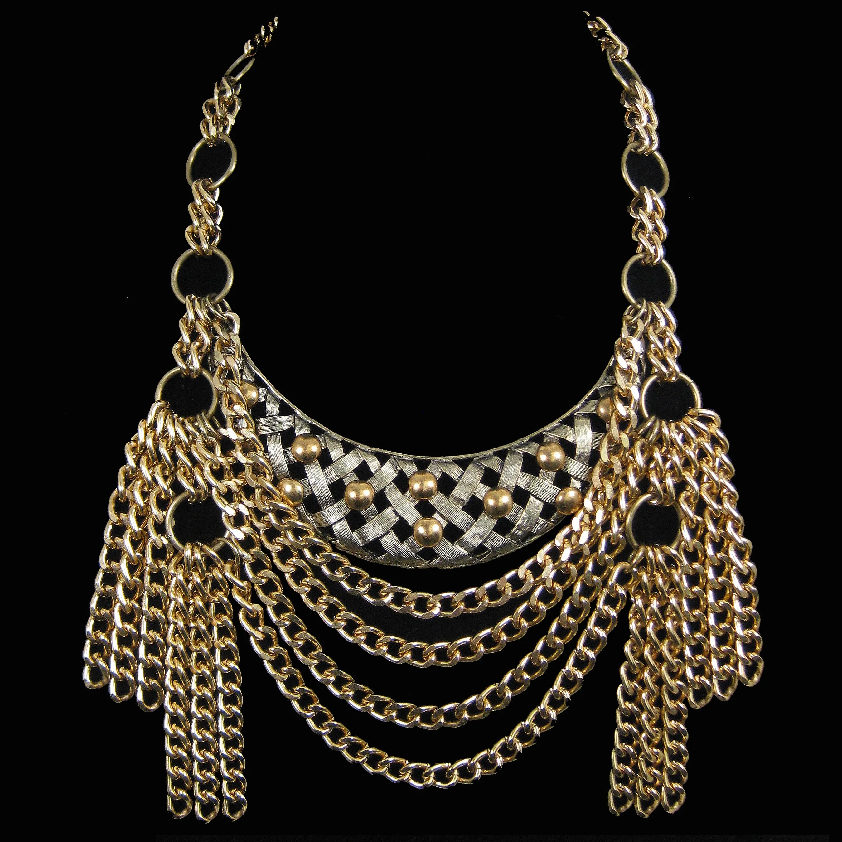 #1116n Gold Tone Bib Necklace With Chain Tassels