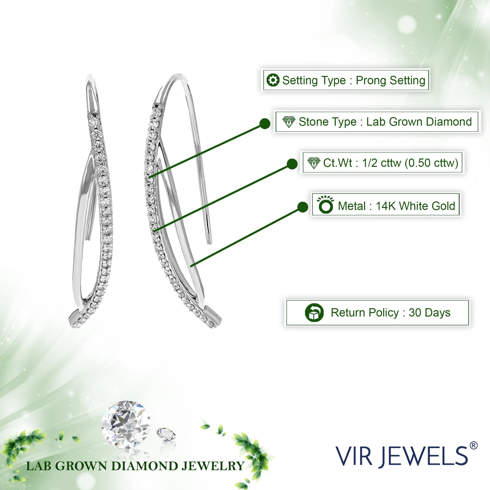 1/2 cttw Lab Grown Diamond Cuff Hoop Earrings in 14K White Gold