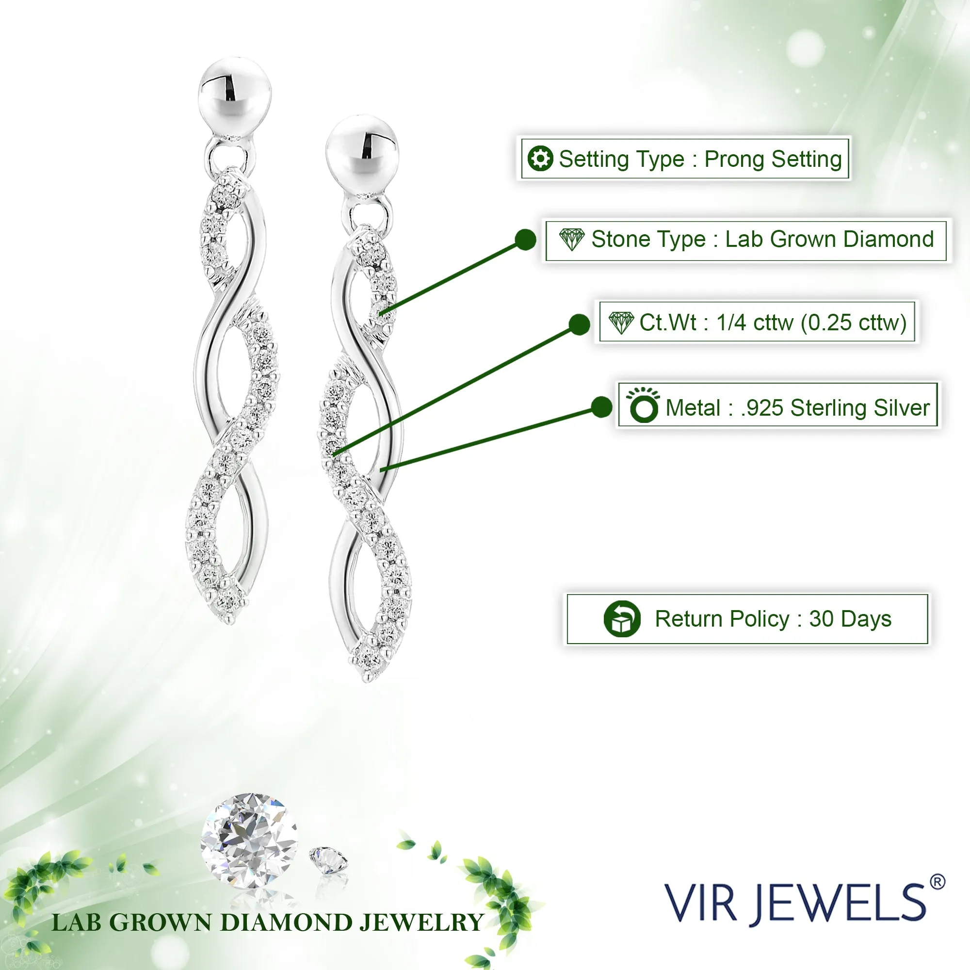 1/4 cttw Lab Grown Diamond Twisted Dangle Earrings in Sterling Silver