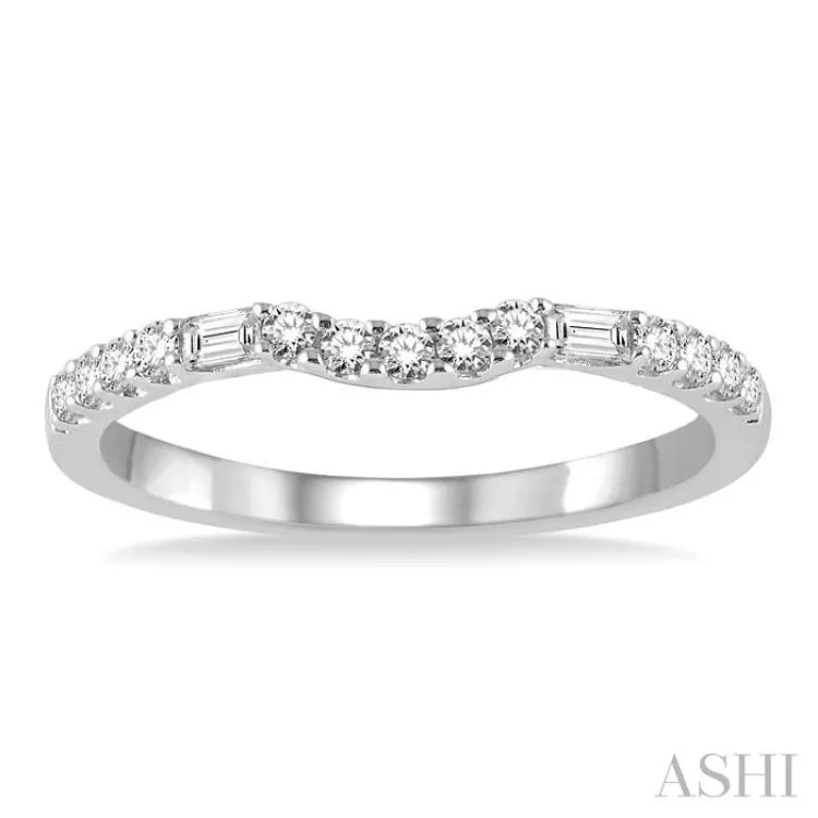 1/4 ctw Curved Center Baguette and Round Cut Diamond Wedding Band in 14K White Gold