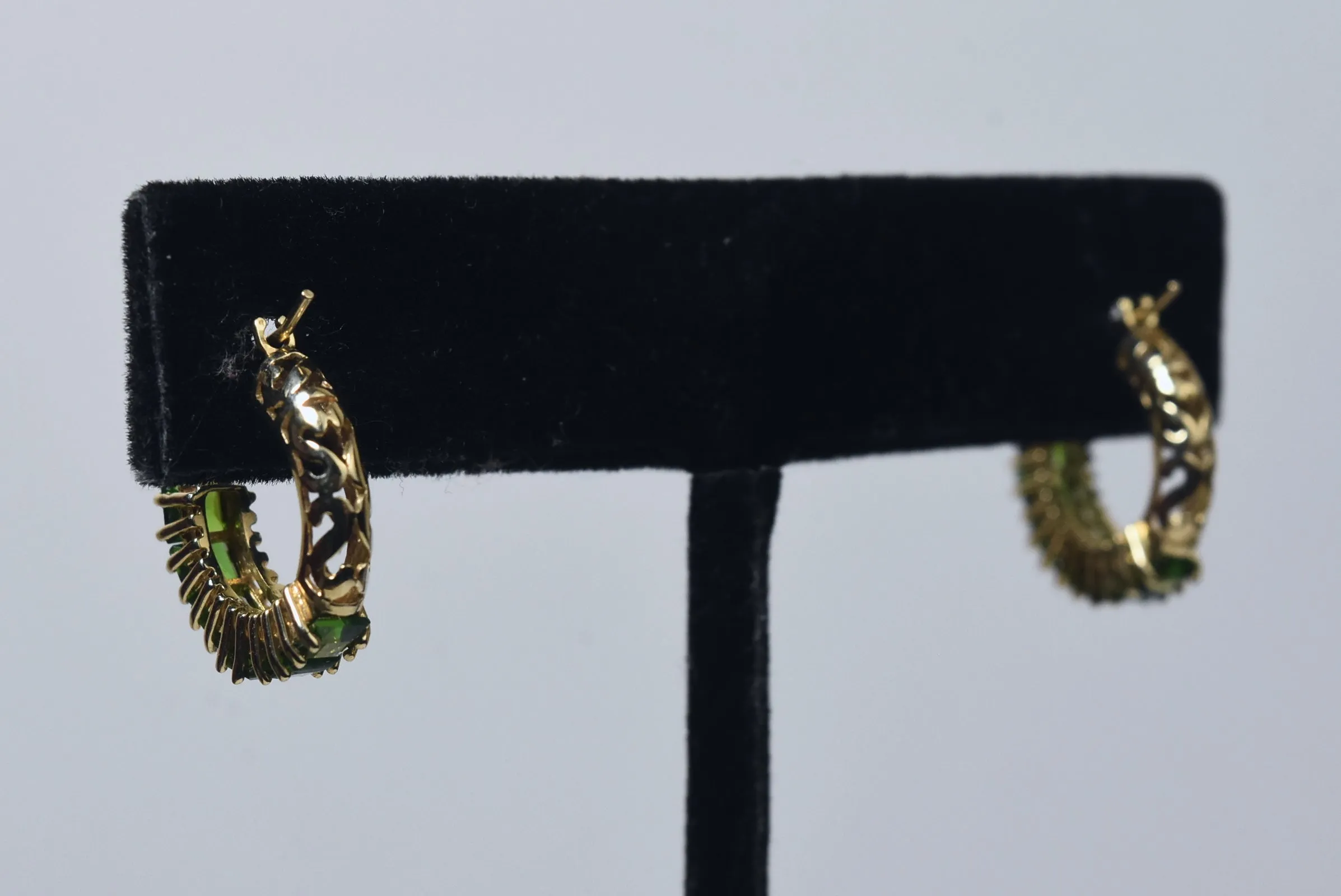 14k Gold Square Cut Green Diamonique Cubic Zirconia Hoop Earrings