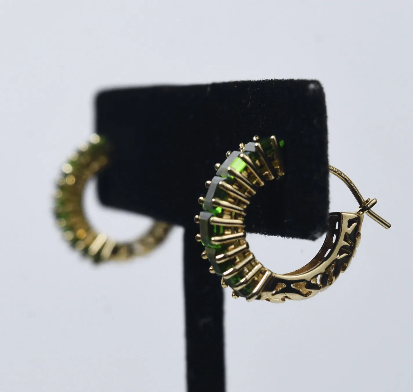 14k Gold Square Cut Green Diamonique Cubic Zirconia Hoop Earrings