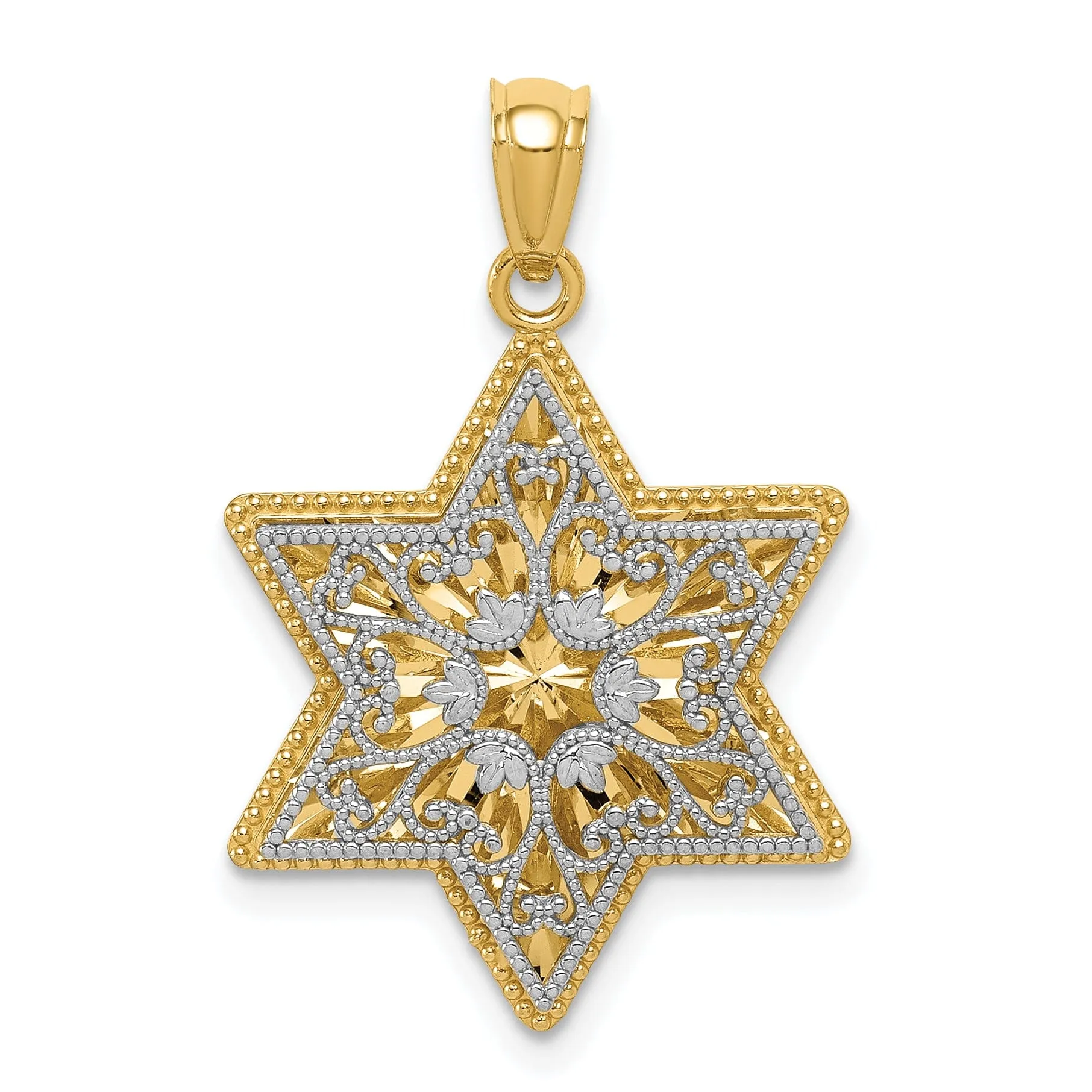 14K Two Tone Gold Polished Reversible Filigree Star Of David Pendant