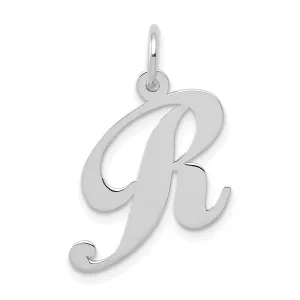 14K White Gold Medium Size Fancy Script Design Letter R Initial Pendant