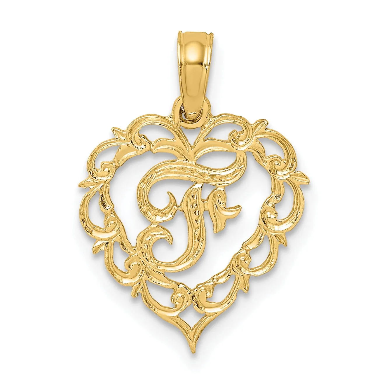 14K Yellow Gold Heart Shape Fancy Script Letter F Initial Charm Pendant