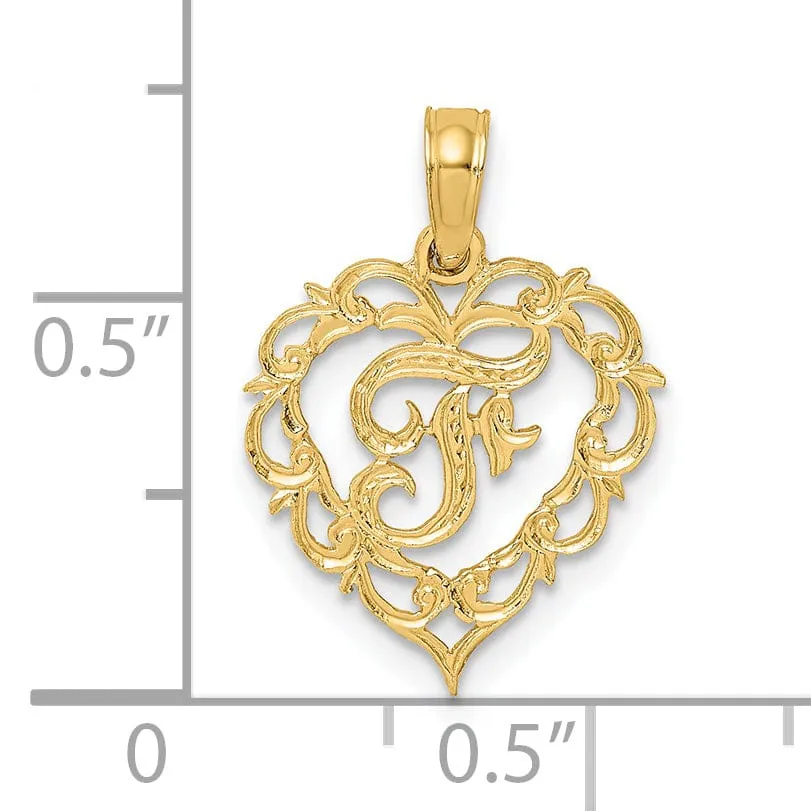 14K Yellow Gold Heart Shape Fancy Script Letter F Initial Charm Pendant