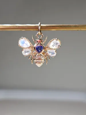 14K Yellow Gold Honey Bee Charm in Heart Shape Tanzanite, Rainbow Moonstone & Diamond Gemstone Pendant