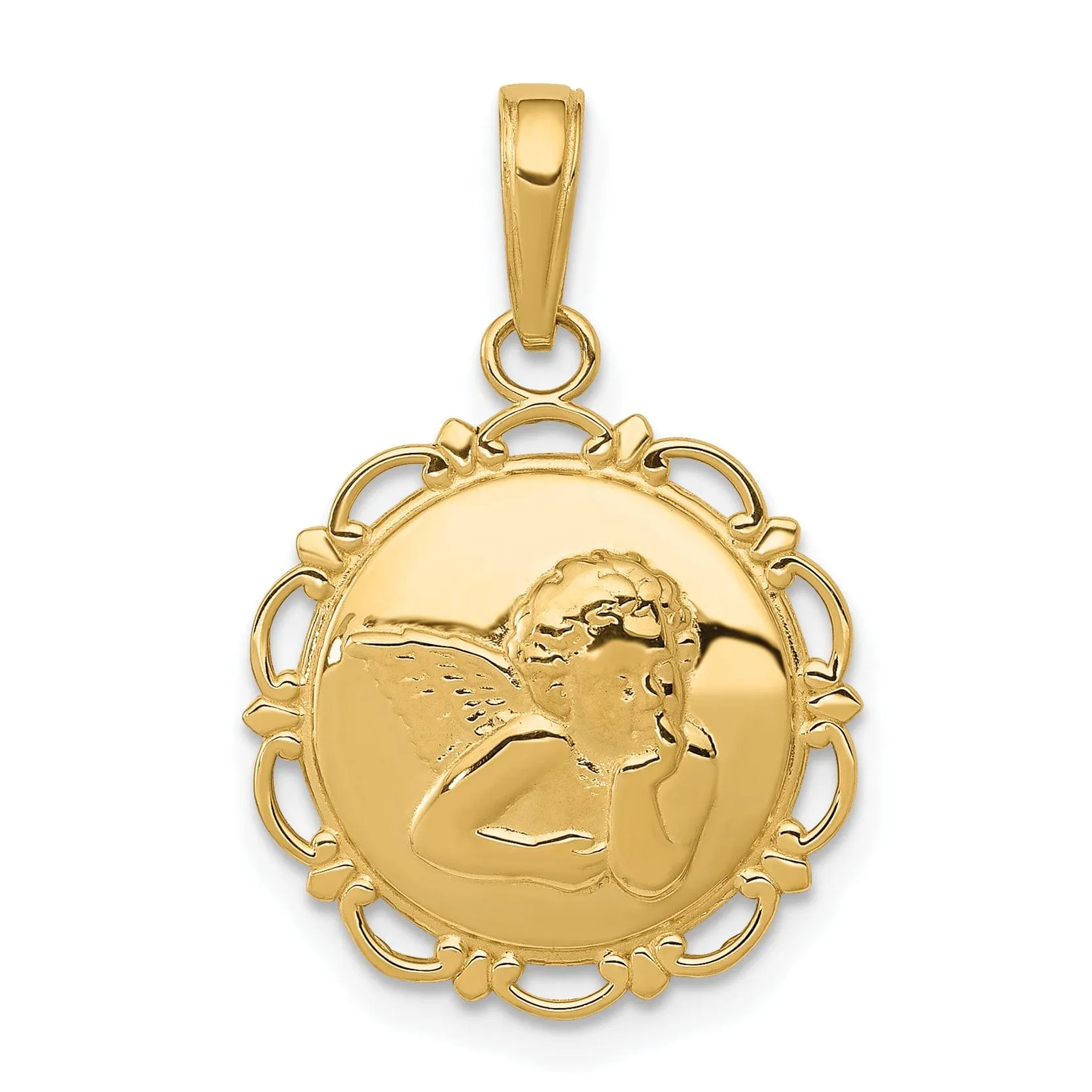 14K Yellow Gold Polished Finish Angel Cherub Round Scallop Pendant