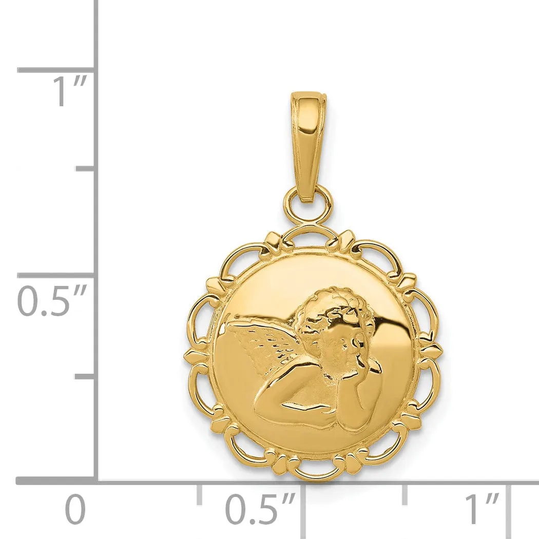 14K Yellow Gold Polished Finish Angel Cherub Round Scallop Pendant