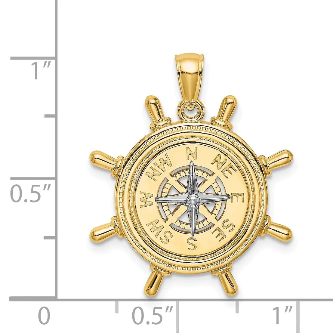 14K Yellow Gold Ship Wheel Design Nautical Boating Compass Pendant