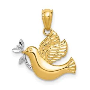 14K Yellow Gold White Rhodium Polished Dove with Olive Branch Pendant