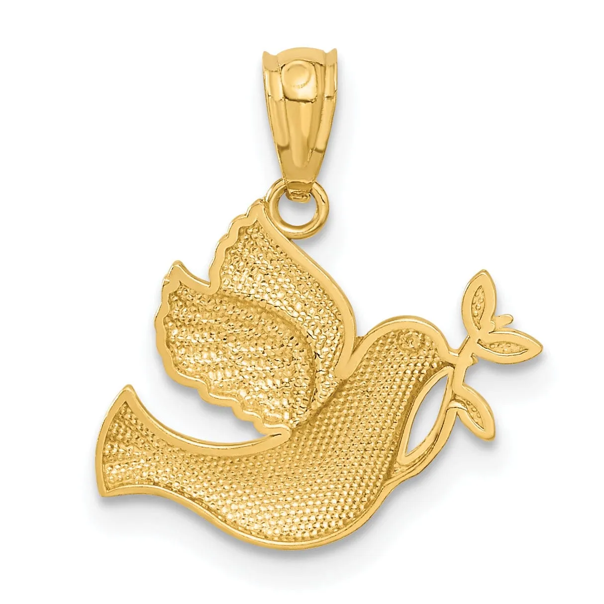 14K Yellow Gold White Rhodium Polished Dove with Olive Branch Pendant