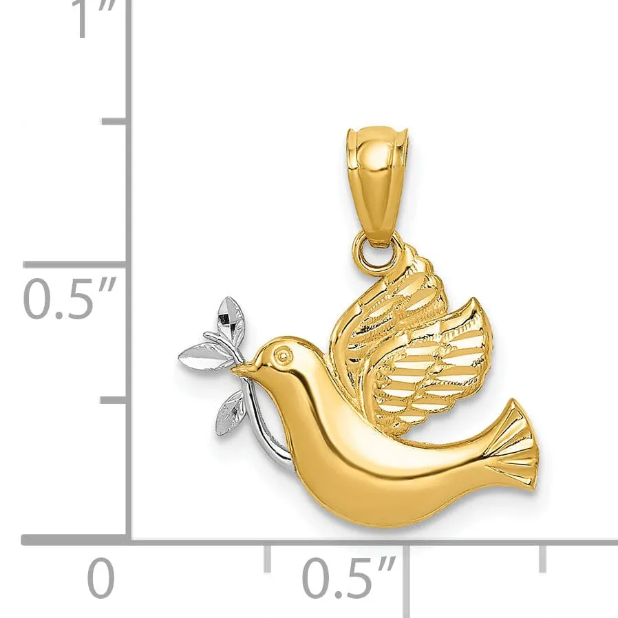 14K Yellow Gold White Rhodium Polished Dove with Olive Branch Pendant