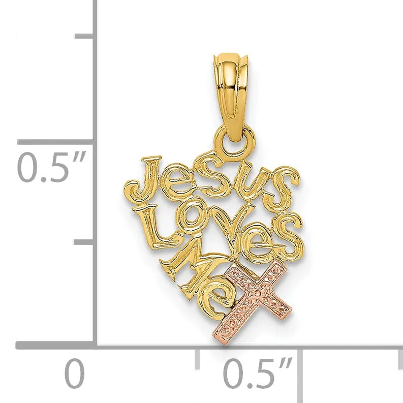 14K Yellow Rose Gold Polished Finish JESUS LOVES ME with Cross Pendant