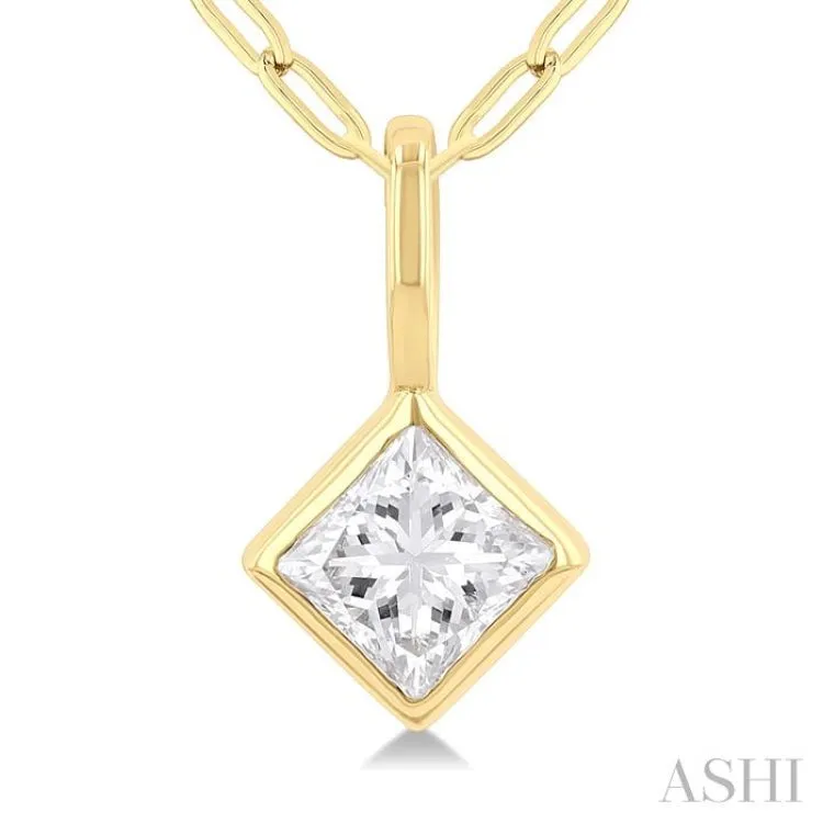 1/5 ctw Princess Cut Bezel Set Diamond Fashion Pendant With Paper Clip Chain in 14K Yellow Gold