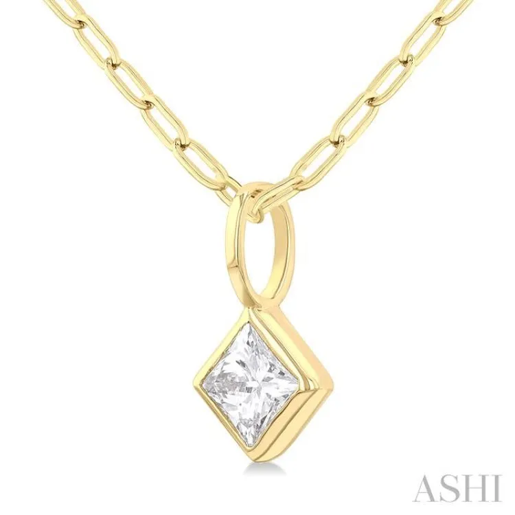 1/5 ctw Princess Cut Bezel Set Diamond Fashion Pendant With Paper Clip Chain in 14K Yellow Gold