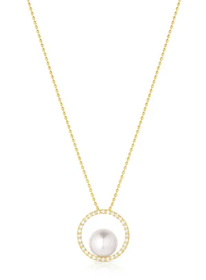 18K Yellow Gold 7.5-8mm Cultured Akoya Pearl & Diamond Open Circle Necklace