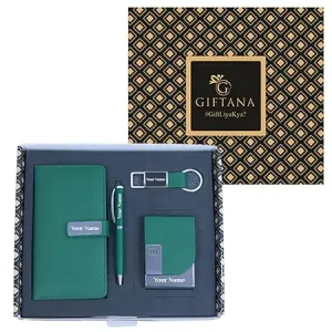 4 in 1 Customized Small Diary with Pen, Card Holder and Keychain Gift Set - Green