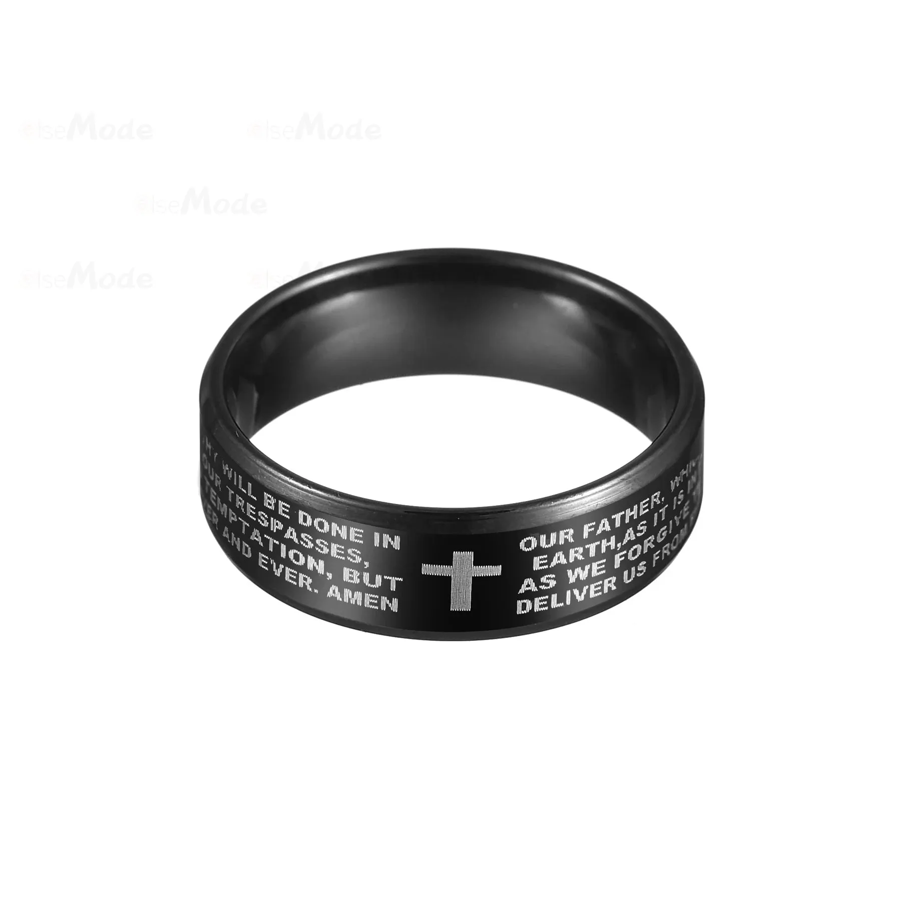 8mm Tungsten Carbide Black Ring Engraved English Bible Lords Prayer Cross Band