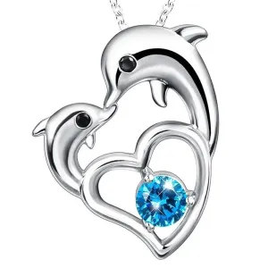 925 Sterling Silver Heart with Dolphin Mom and Baby with Sapphire Blue Crystal Necklace