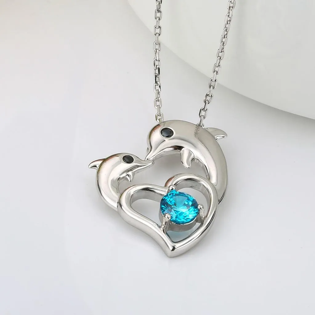 925 Sterling Silver Heart with Dolphin Mom and Baby with Sapphire Blue Crystal Necklace