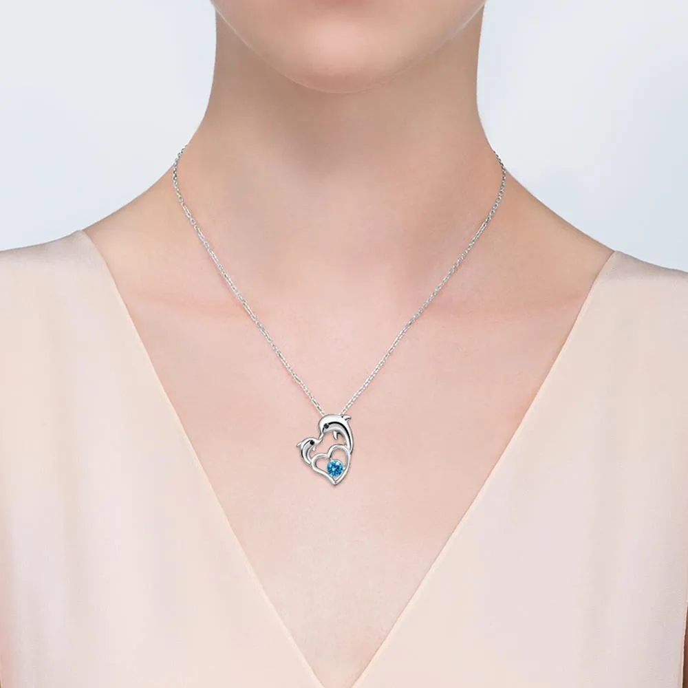 925 Sterling Silver Heart with Dolphin Mom and Baby with Sapphire Blue Crystal Necklace