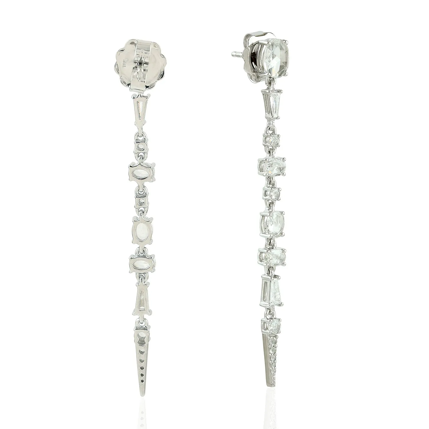 Baguette Diamond Sleek Long Drop Danglers In 18k White Gold Ear Jewelry