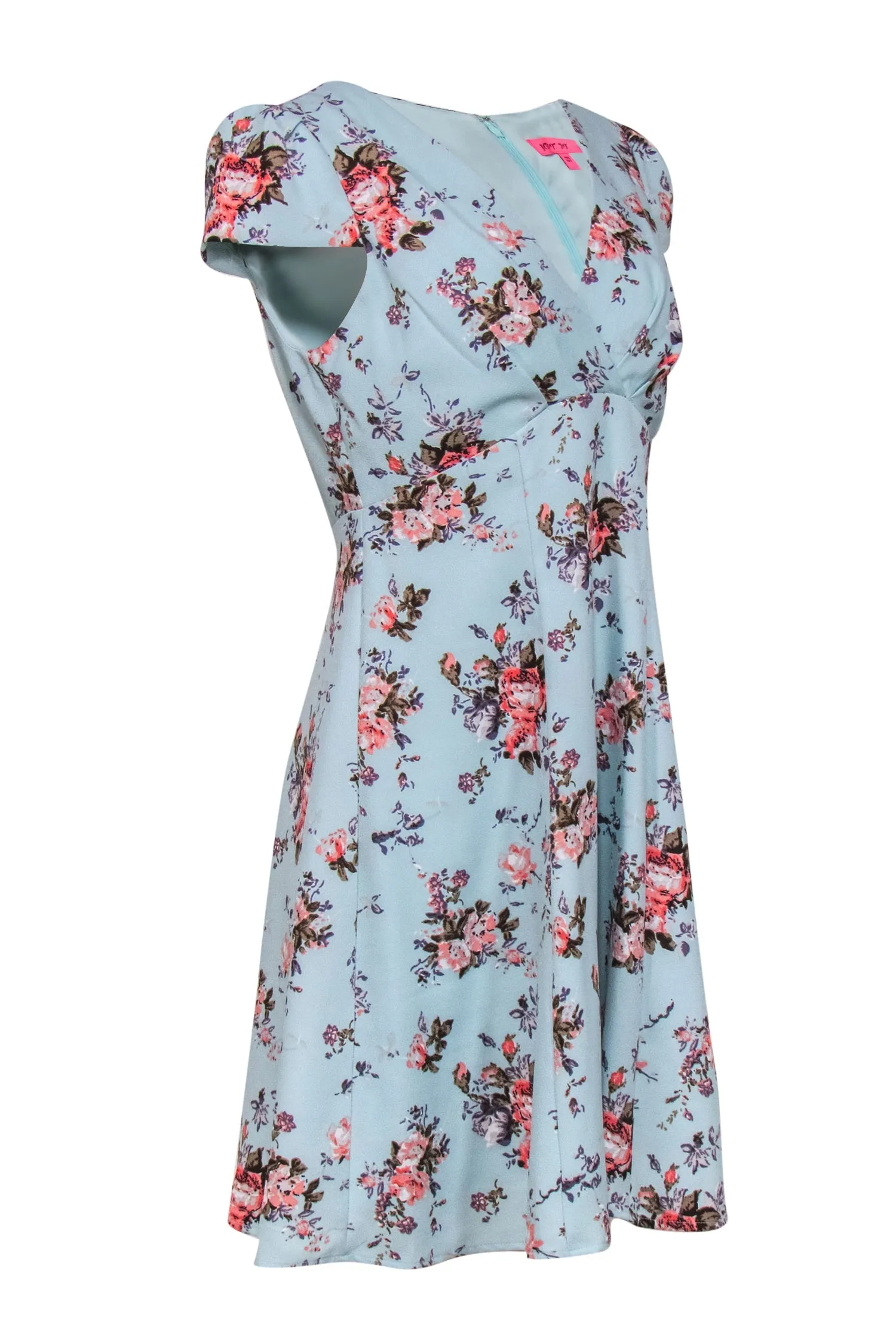 Betsey Johnson - Aqua Mint & Pink Floral Cap Sleeve A-Line Dress Sz 8