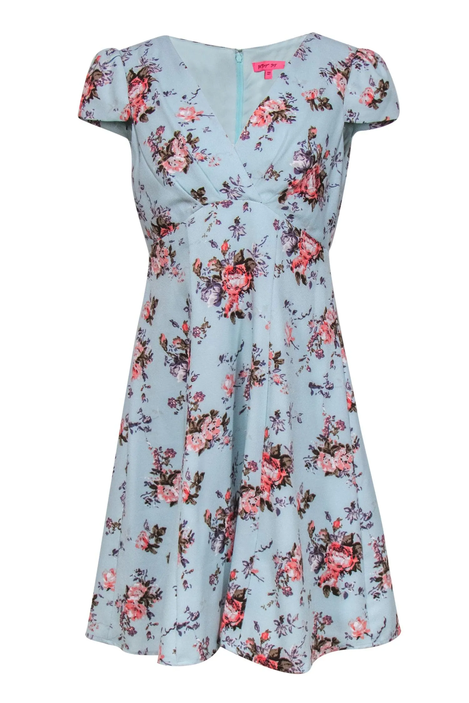 Betsey Johnson - Aqua Mint & Pink Floral Cap Sleeve A-Line Dress Sz 8