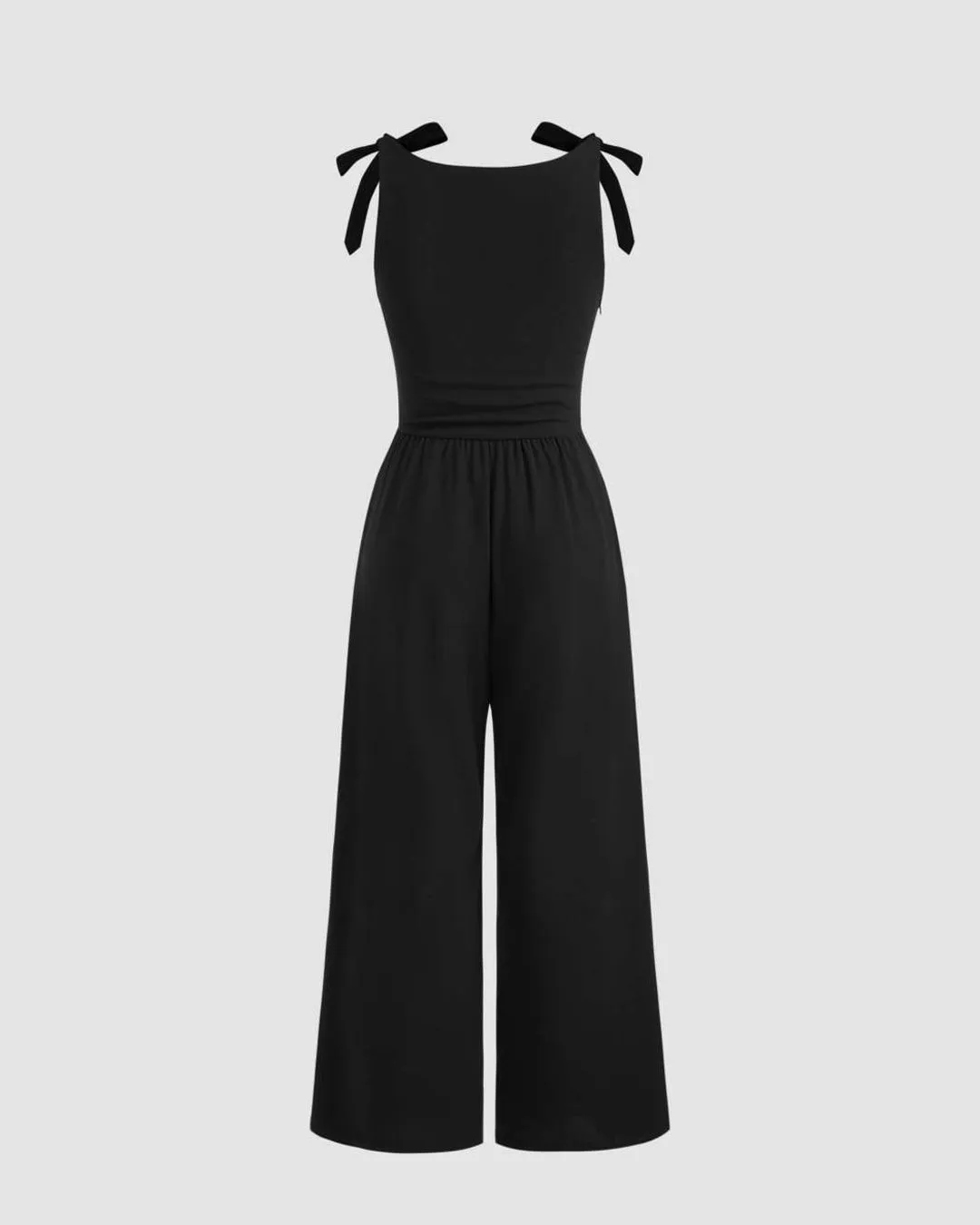 Boat Neckline Solid Bowknot Ruched Pocket Jumpsuit