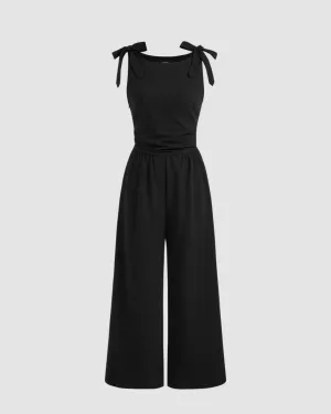 Boat Neckline Solid Bowknot Ruched Pocket Jumpsuit