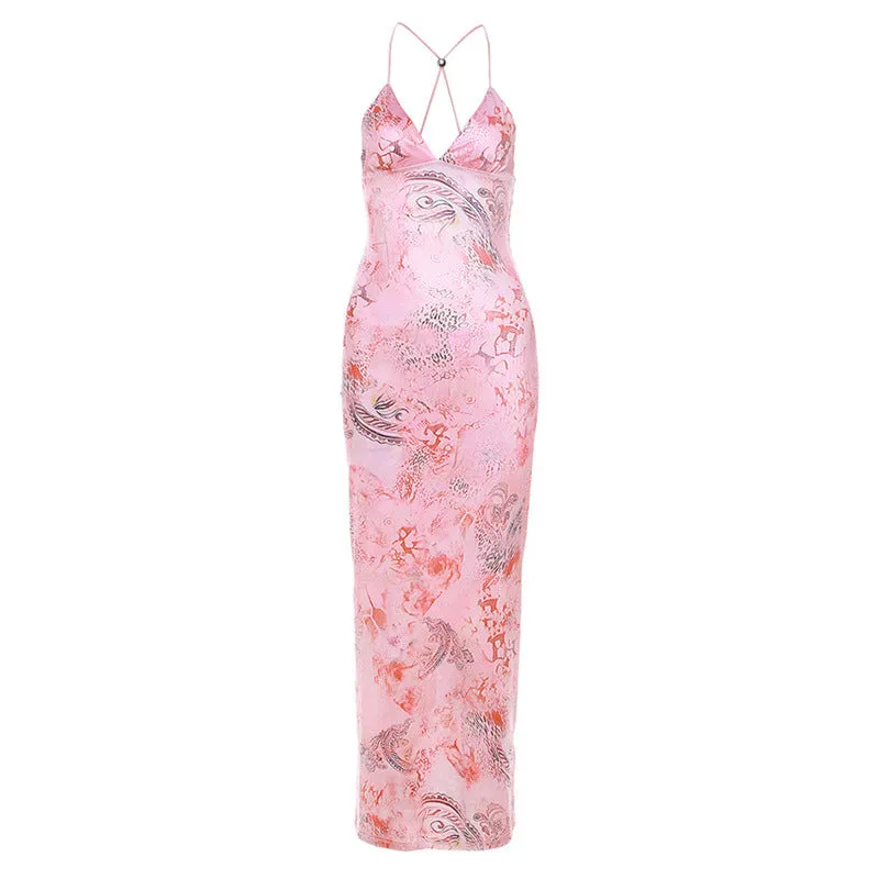 Chic Floral Print Backless Bodycon Dress