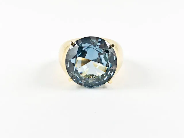 Classic Elegant Aquamarine Round Stone Gold Brushed Brass Ring