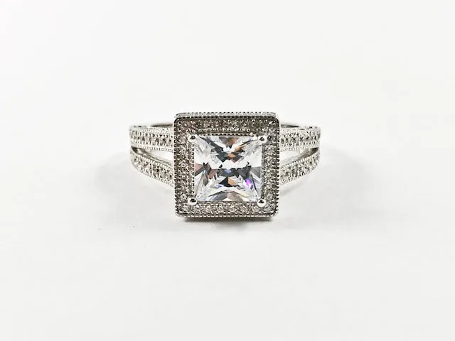 Classic Elegant Halo Square Cut Center CZ Fine Silver Ring