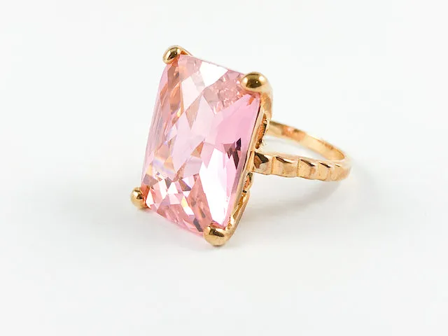 Classic Elegant Rectangular Pink Emerald Cut Brass Ring