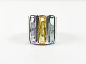 Classic Fine 3 Row Elegant Cut Square Shape Multi Color CZ Silver Ring