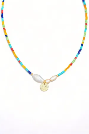 Colorful Bead Pearl Coin Charm Necklace