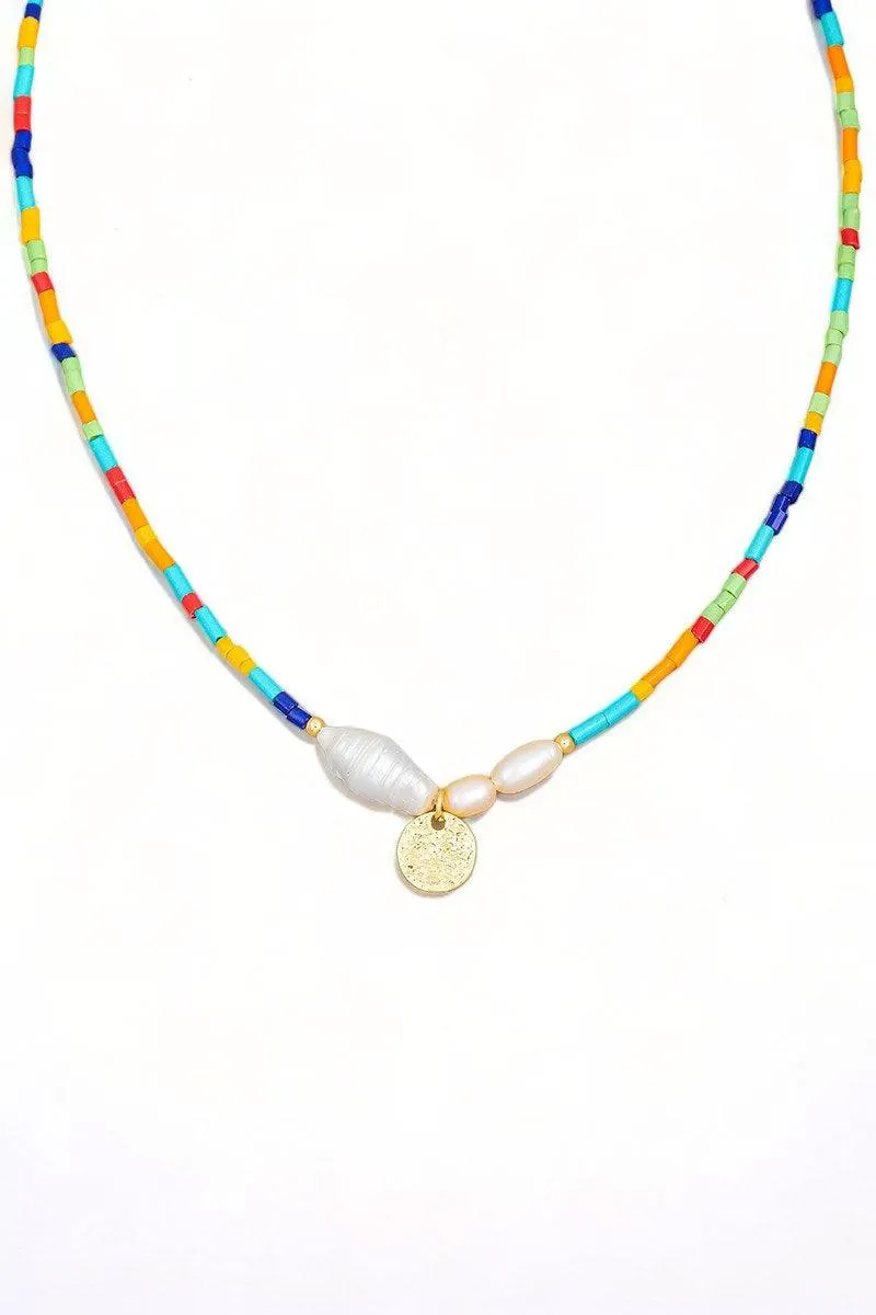 Colorful Bead Pearl Coin Charm Necklace