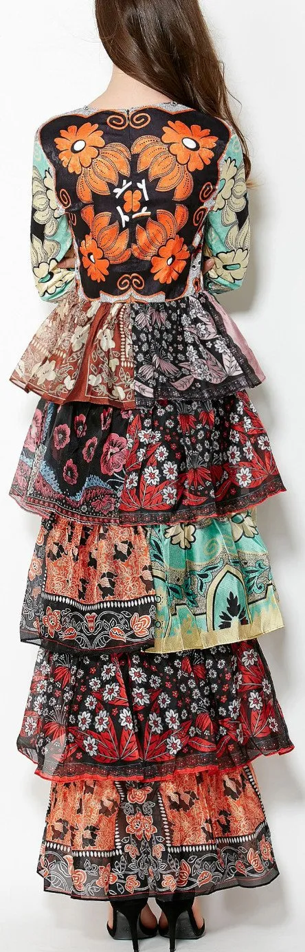 Colorful Patchwork-Print Long Ruffle Tiered Dress