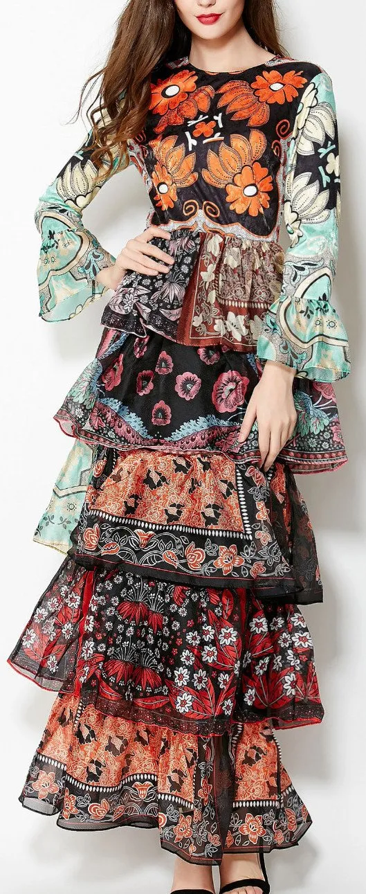 Colorful Patchwork-Print Long Ruffle Tiered Dress