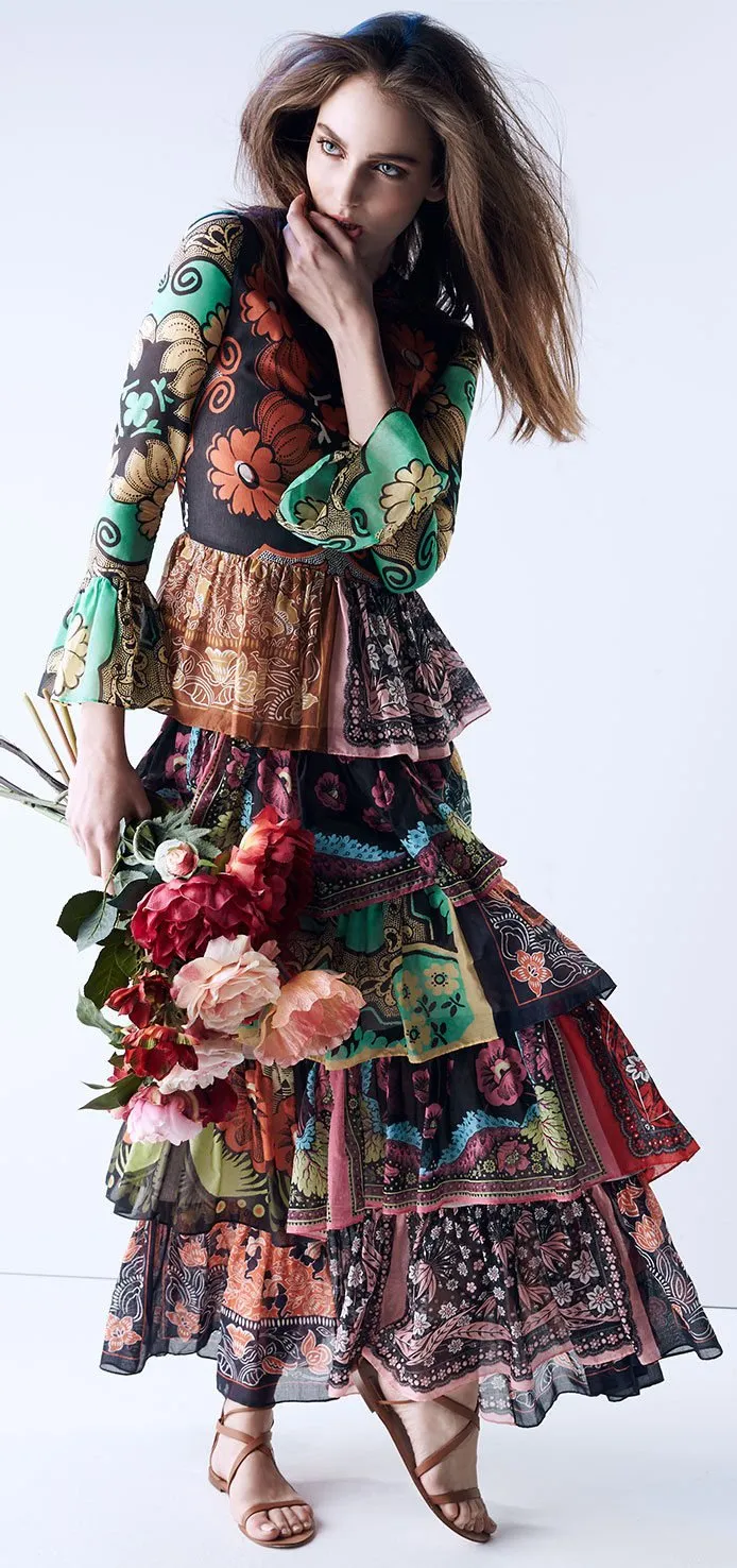 Colorful Patchwork-Print Long Ruffle Tiered Dress