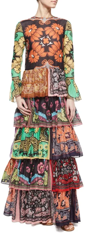 Colorful Patchwork-Print Long Ruffle Tiered Dress