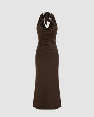 Cowl Neckline Solid Ruched Brown Maxi Dress