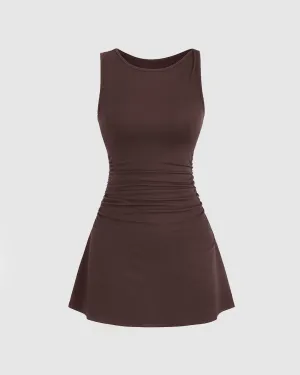 Crew Neck Ruched Waist Sleeveless Chocolate Brown Midi Dress