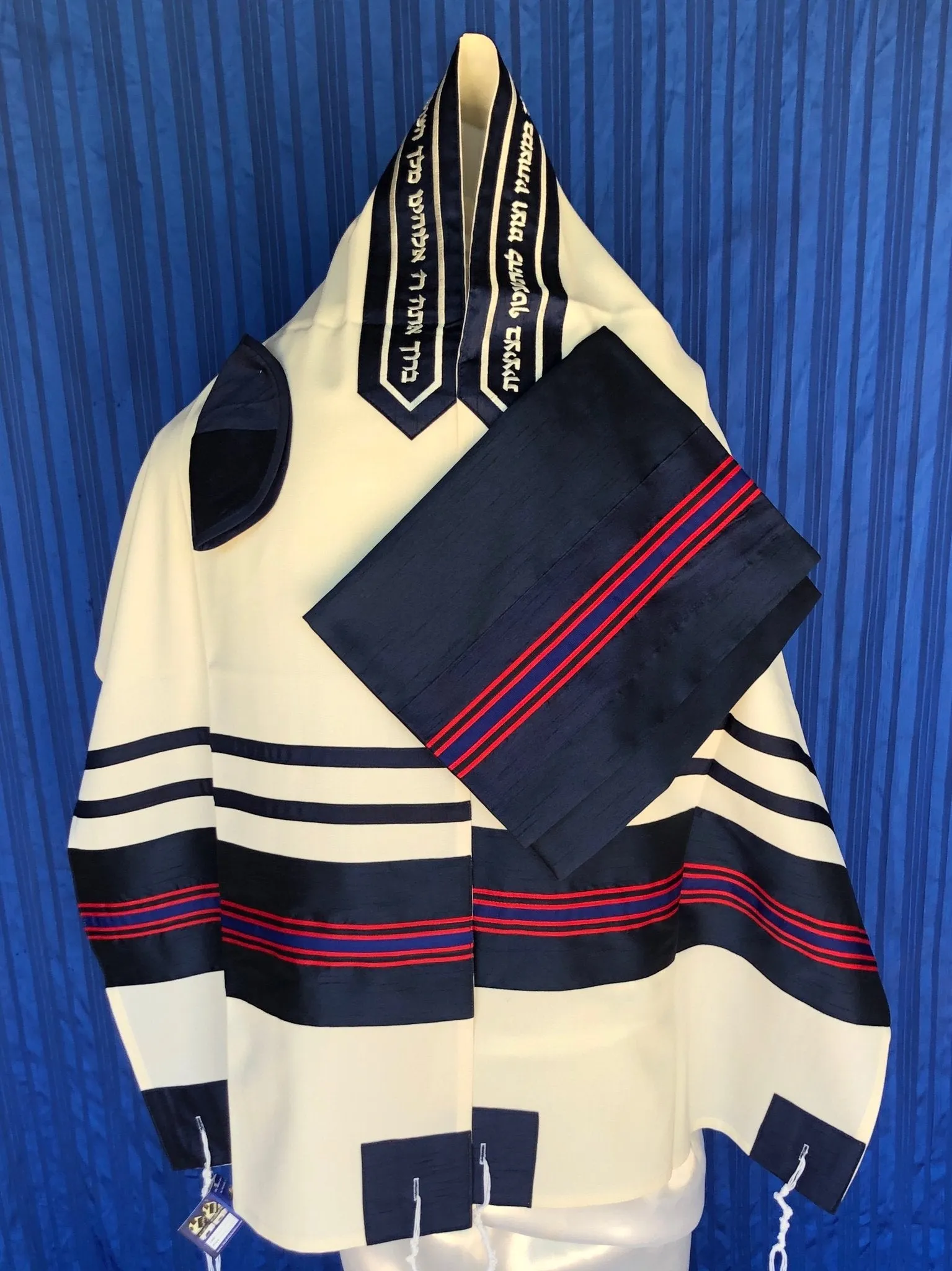 Elegant  Blue and Strip of red Wool Tallit