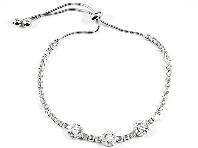 Elegant Classic Triple Round Halo CZ Draw String Silver Bracelet