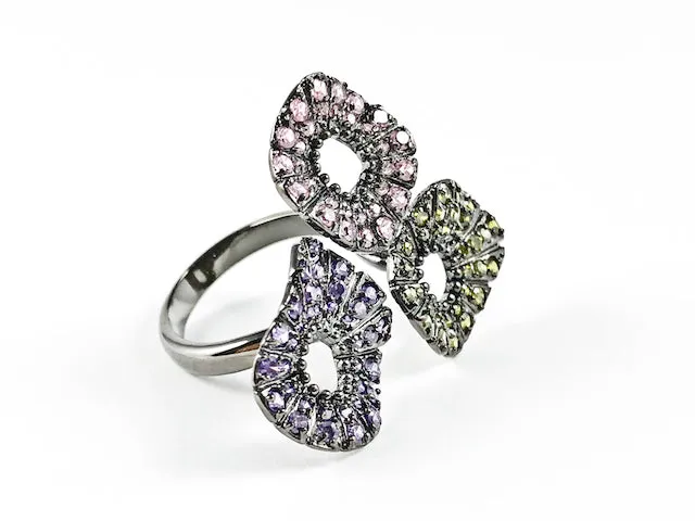 Elegant Unique Tri Rounded Floral Design Dark Colorful CZ Brass Ring