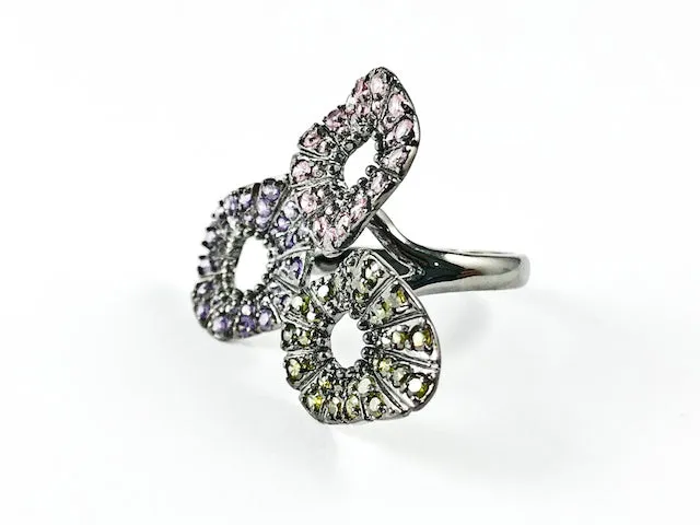 Elegant Unique Tri Rounded Floral Design Dark Colorful CZ Brass Ring