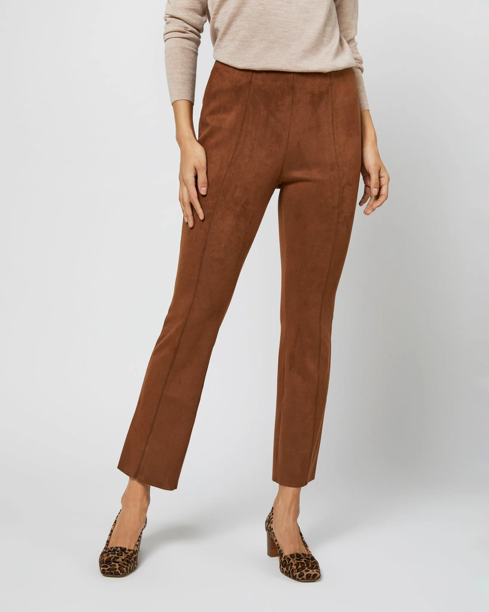 Faye Flare Cropped Seamed Pant in Cognac Vegan Suede